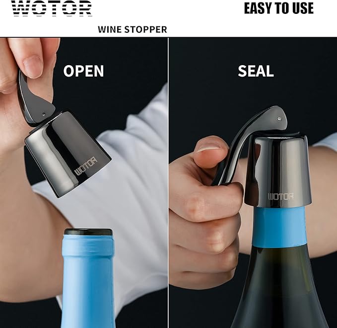 Stainless Steel Wine Bottle Stoppers with Silicone - Reusable Wine Saver and Decorative Bottle Sealer, Leakproof, Keep Fresh, Metalblack, 2 Pack