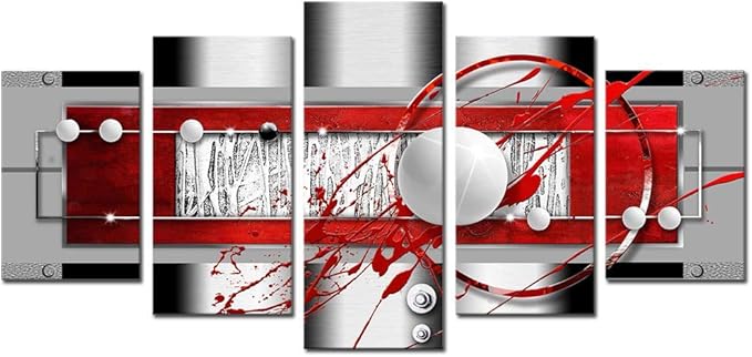 AWLXPHY Decor Abstract Canvas Wall Art Red Black Grey for Living Room Decor 5 Pieces Framed Painting Modern Simple Circle Round Line HD Print Artworks Giclee(White, W40 x H20)