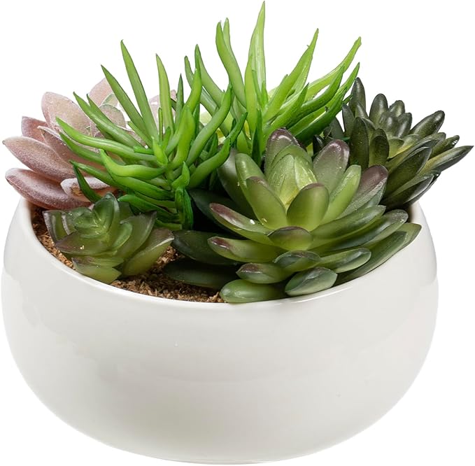 MyGift 6 Inch Round Modern Artificial Succulent Arrangement Potted in White Ceramic Plant Bowl, Assorted Faux Mini Succulents in a Decorative Planter Pot