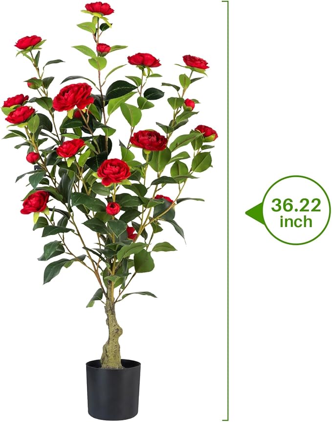 Artificial Camellia Tree 2 Pack, 3FT Faux Camellia Plant in Pot, 36 inch Fake Potted Camellia Flower Tree Plastic Camellia Tree for Modern Home Office Living Room Floor Decor Indoor, Red