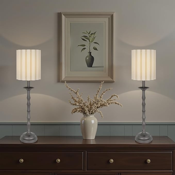 Vintage Brown 28.9'' Tall Scalloped Table Lamp Pack of 2, Rustic/Farmhouse Buffet Lamp, Bamboo Lamp Joint Base, for Living Room Bedside Side Table