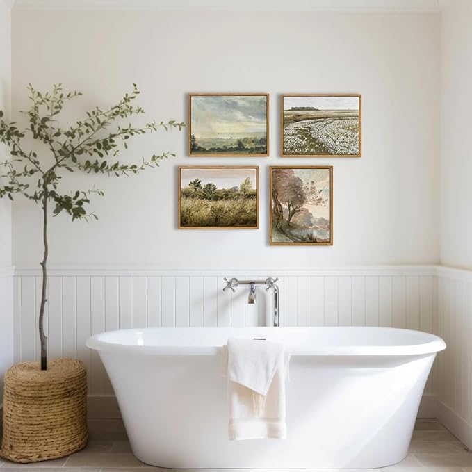 KBKBART Framed Canvas Wall Art, Vintage Meadow Landscape Wall Art Prints, Retro Country Wildflower Field Farmhouse Wall Decor Ready To Hang for Bedroom, Bathroom, Living Room, Kitchen, Vintage Room