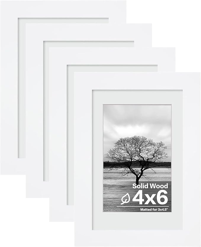 Egofine 4x6 Picture Frames Set of 4, Made of Solid Wood Covered by Plexiglass 3.5x5 with Mat or 4x6 without Mat, for Table Top Display and Wall Mounting Photo Frame White