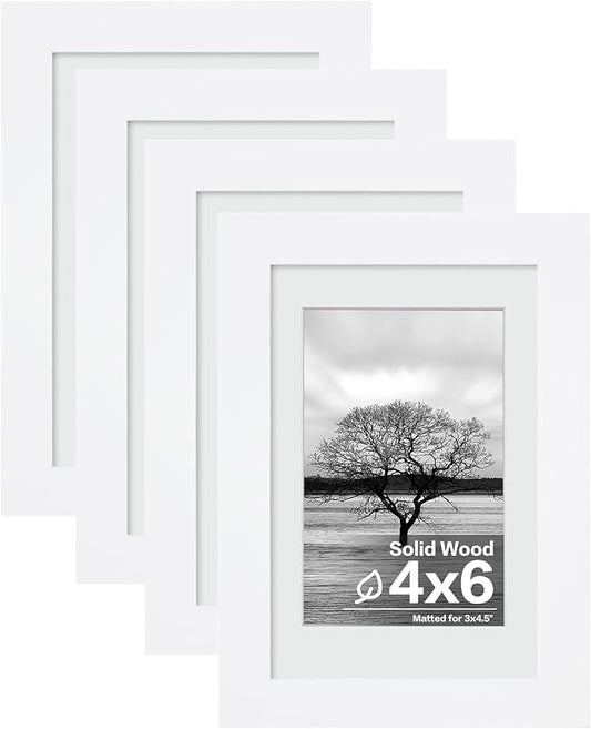 Egofine 4x6 Picture Frames Set of 4, Made of Solid Wood Covered by Plexiglass 3.5x5 with Mat or 4x6 without Mat, for Table Top Display and Wall Mounting Photo Frame White