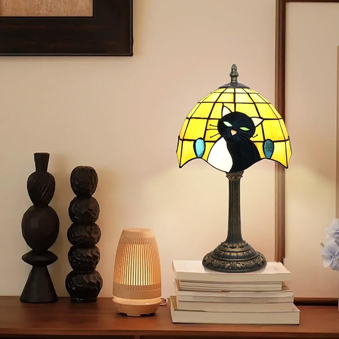 Small Tiffany Lamp Stained Glass Table Lamp Elegant Cute Retro Vintage Style White Black Cat Bedside Night Lamp for Nightstand Bedroom Home Decor Kitchen Counter Antique Living Room Office Fun Lamps