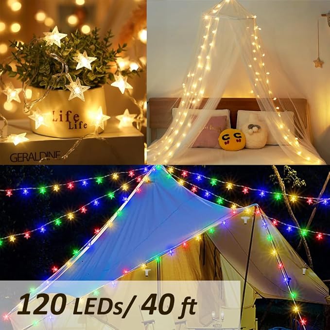 Solhice 40ft Star String Lights for Bedroom 120 LEDs, Warm White & Multicolor Color Changing Indoor Twinkle Lights with Remote, USB Powered Kids Room Hanging Lights for Dorm Tent Decor