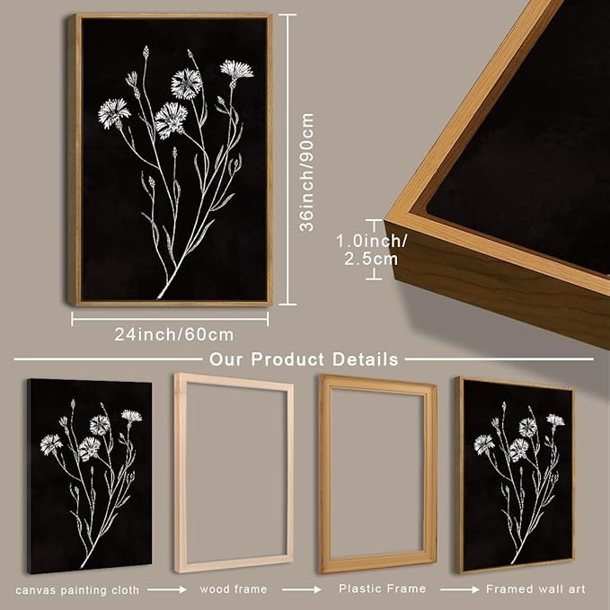 Extra Large Black and White Floral Wall Art Framed Botanical Wall Decor 3 Pieces for Bathroom Living Room Bedroom 24x36 Inch
