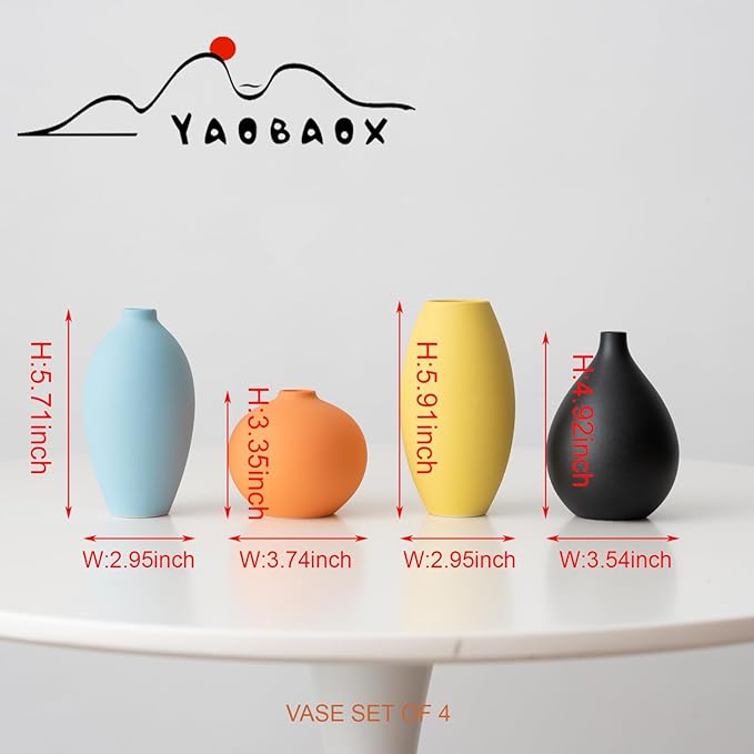 Small Ceramic Matte Vase Set 4 for Modern Home Decor Flower Decoration Office,Bookdesk, Bookshelf, Centerpieces, Tables, Living Room, Dining Table, Bedroom Shelf Entryway Ornament Gift