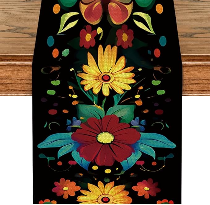ANNA QUEEN Flowers Table Runner 13 x 72 Inch for Dining Table, Table Runner for Spring & Holiday Dining Decor Indoor Outdoor Party Home Table Decoration (Skull)