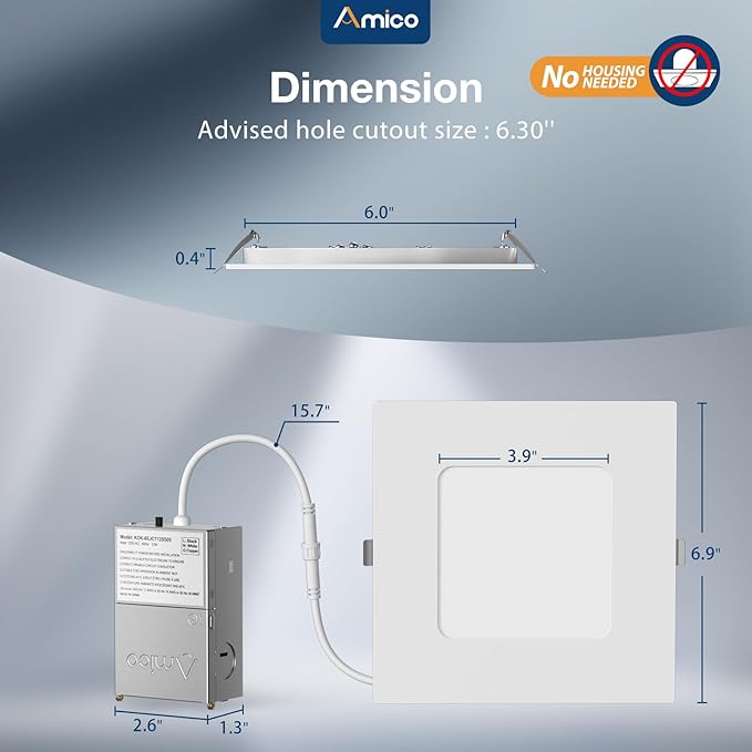 Amico 6 Pack 6 Inch Ultra-Thin LED Square Recessed Light with Junction Box, 5CCT 2700K/3000K/3500K/4000K/5000K Selectable, 1050LM Brightness, Dimmable Canless Wafer Downlight, 12W, ETL&FCC