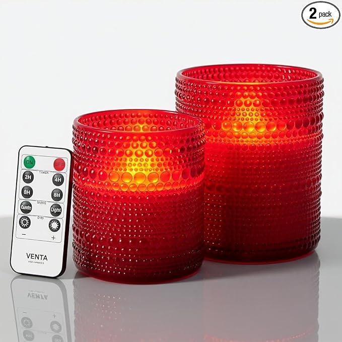 VENTA Romantic Red Glass LED Candles, Set of 2 with Remote | Dimmable Hobnail Votive Holders with Flickering Battery Candles | Ideal for Valentines Day & Anniversary Dinners
