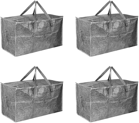 4 Pack-Extra Large Heavy Duty Moving Bags - Waterproof Storage Totes with Handles & Zippers, Foldable for College Dorm, Storage (Gray)