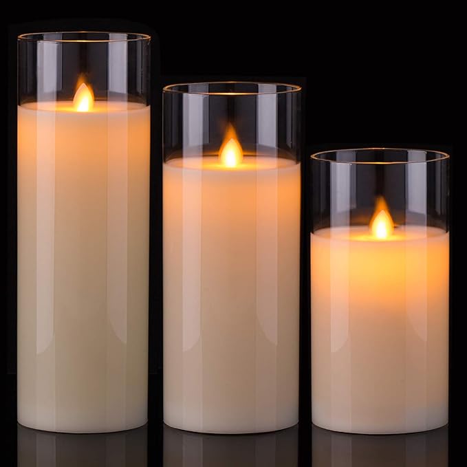 Pack of 3 Flameless Candles Battery Operated Real Wax Glass Flickering LED Candle Sets with Remote Control Cycling 24 Hours Timer (3" x 8" 10" 12")
