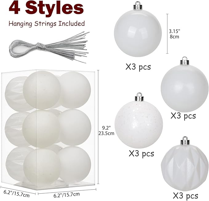 12PCS 3.15" Christmas Ball Ornaments Shatterproof White Christmas Tree Decorations Xmas Tree Balls Halloween Ornaments Décor