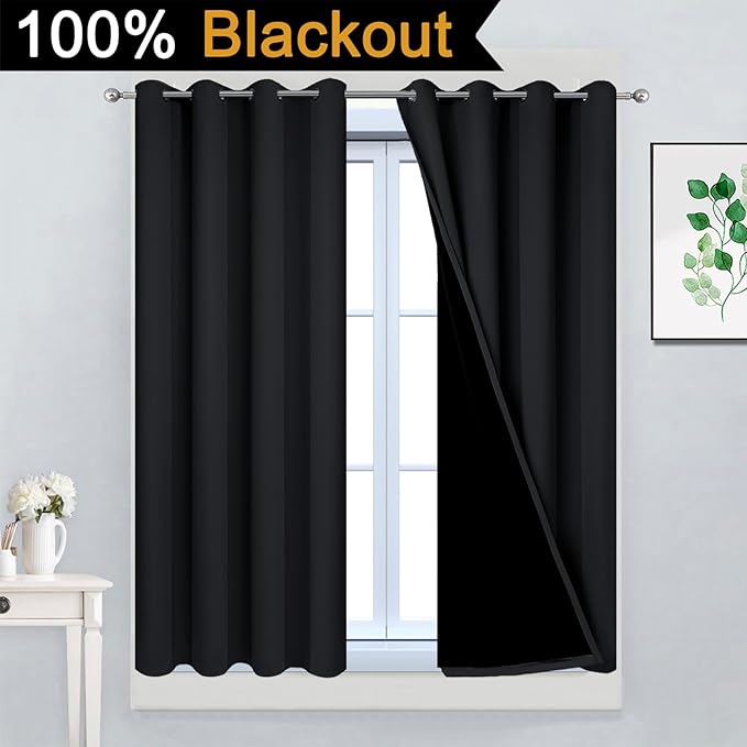 Yakamok 54 Inch Length 100% Blackout Curtains for Bedroom, 2 Thick Layers Thermal Insulated Grommet Total Blackout Drapes with Black Liner for Living Room (52Wx54L,Black, 2 Panels)