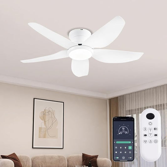 Ceiling Fans with Lights, 43 Inch Low Profile Ceiling Fan with Light and Remote/App Control, Flush Mount, Reversible DC Motor, 3CCT, Dimmable, Noiseless, White Ceiling Fan for Indoor/Outdoor Use