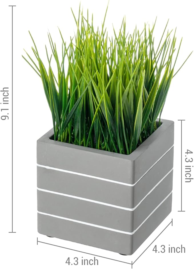 MyGift 9 Inch Tall Mini Artificial Green Grass Plants in Ribbed Gray Concrete Cube Planters, Tabletop Faux Greenery Square Cement Pots Centerpiece Décor, Set of 2