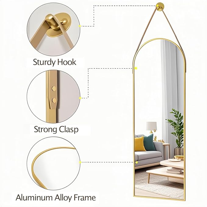 16"x48" Hanging Mirror with Leather Strap,Arched Full Length Mirror with Aluminum Frame Wall-Mounted Hanging Mirrors for Bathroom Vanity Living Room Bedroom Entryway Décor, Gold