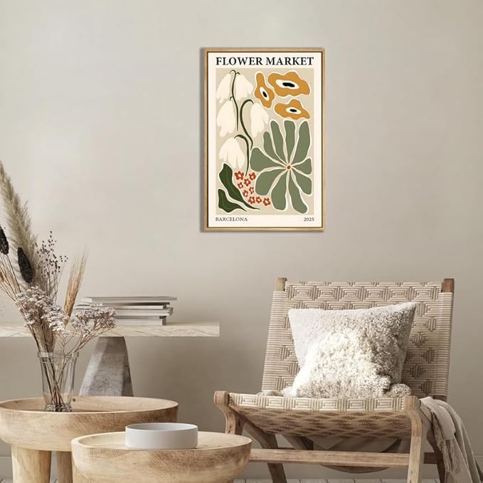 Gufro Flower Market Framed Canvas Wall Art，Green Fresh Boho Floral Wall Decor，Abstract Colorful Botanical Painting-24x32in