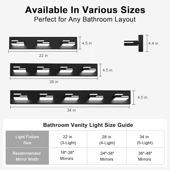 LED Modern Bathroom Vanity Light Fixtures, 3-Light 22-inch Dimmable Matte Black Vanity Lights for Bathroom Lighting Fixtures Over Mirror, with 350° Rotatable Acrylic Heads (Cool White 6000K)
