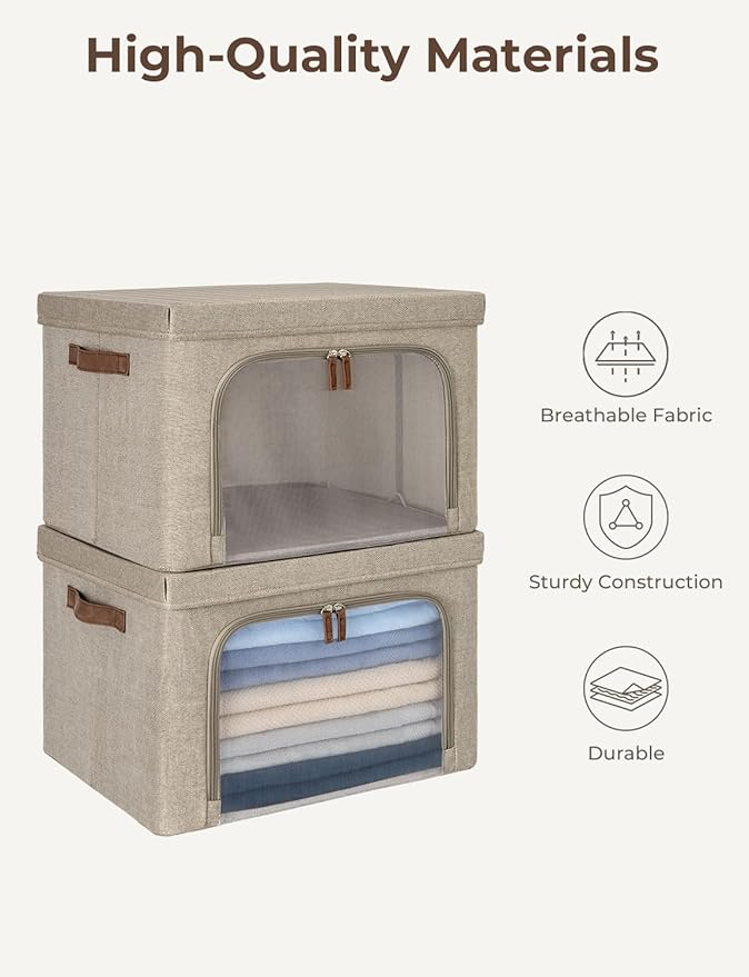StorageWorks Storage Bins with Lids, Decorative Boxes with Clear Window for Clothes, Fabric Collapsible Baskets for Closet Organization, Large, Brown, 3 Packs