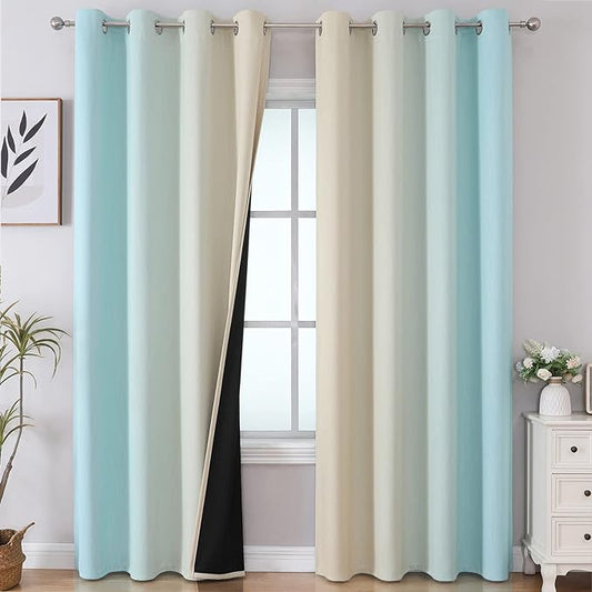 Estelar Textiler Beige and Aqua Blackout Curtains for Bedroom, Thermal Insulated Drapes 108 Inches Long, Full Light Blocking Energy Saving Long Curtains for Living Room, 52Wx108L, 2 Panels