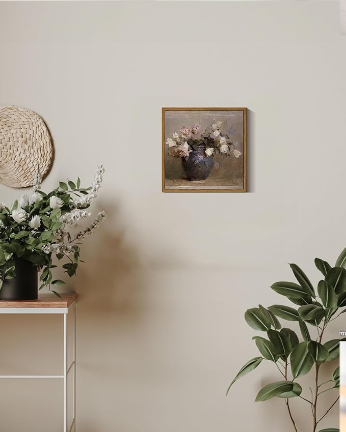 InSimSea Square Framed Canvas Wall Art, Flowers Farmhouse Vintage Classical Floral Rose in Vase Pictures Wall Decor Paintings, Canvas Wall Decor for Living Room, Kitchen Bathroom Home 9"x9"