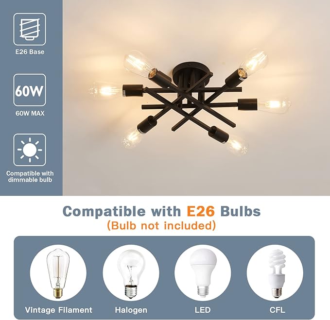 ASGYISA Semi Flush Mount Modern Ceiling Light Fixture， 6 Lights Black Vintage Matte Sputnik Chandelier Ceiling Lamp with E26 Bulb Base for Farmhouse Dining Room Living Room Bedroom Study Kitchen