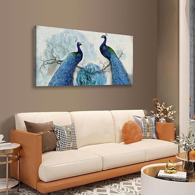 Peacock Canvas Wall Art for Living room Office Bedroom Animal Wall Art Print Oil Paintings Modern Beautiful Flowers Pictures Blue Wall Decor Artwork Waterproof Ready to Hang - 20in * 40inch