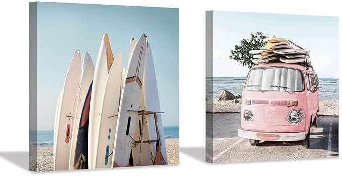 Beach Picture Coastal Wall Art: Surfboard & Pink Car Painting Ocean Wall Art on Canvas for Bedroom (16” x 16” x 2 Panels)