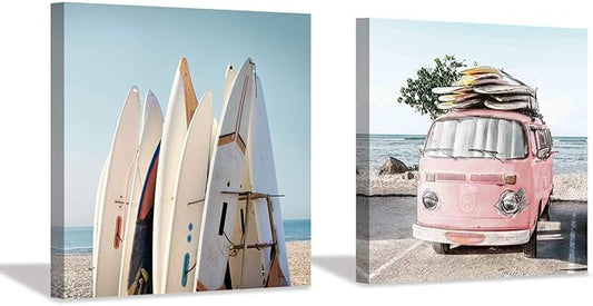 Beach Picture Coastal Wall Art: Surfboard & Pink Car Painting Ocean Wall Art on Canvas for Bedroom (16” x 16” x 2 Panels)