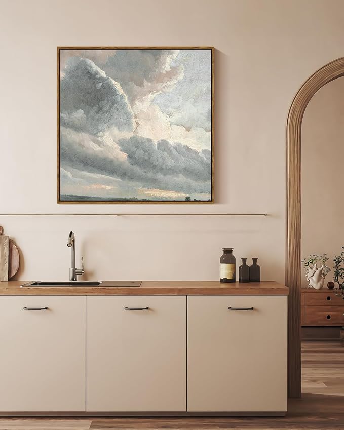 InSimSea Square Framed Canvas Wall Art, Vintage Nature Wall Decor, Sky Clouds Sunset Wall Art Prints for Living Room, Classical Retro Paintings for Bedroom Office Home Decoration 24"x24"