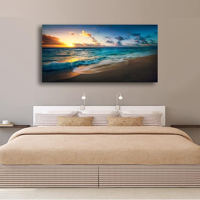 Beach Pictures Wall Art Canvas Prints Seascape Themed Decor for Home Sea Ocean Sunset Paintings for Living Room Bathroom Wall Decorations Natural Landscape Artwork Wooden Picture Frames Hanging Easy