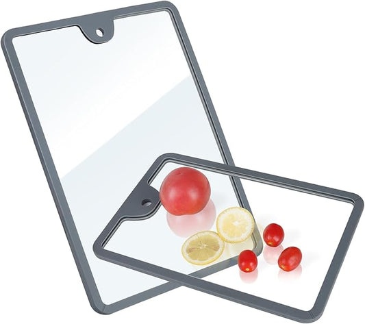 Joeyan 2Pcs Tempered Glass Cutting Boards Set- 15"x10" & 12"x8" Shatterproof Kitchen Chopping Board with Non-Slip Grips, Hanging Hole & Heat-Resistant for Meat Prep, Serving, Countertop Protection
