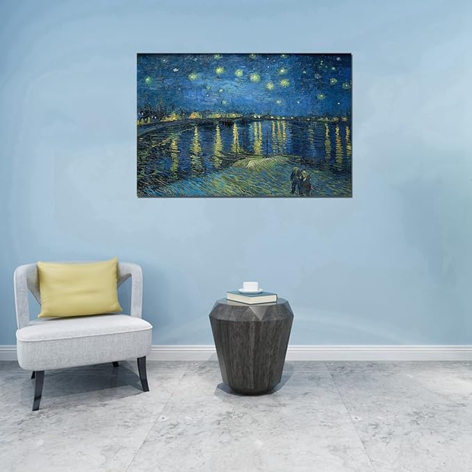 QBQT Starry Night Over the Rhone by Van Gogh Modern Bathroom Kitchen Decor Blue Artwork Abstract Landscape Picture Canvas Prints Wall Art for Home Office Decor 12x18inch Framed