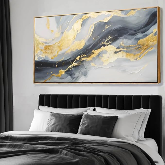 SDYA Large Abstract Canvas Wall Art Gold Decoration Blue Painting for Living Room Bedroom Kitchen Home Office 29x58 Inch