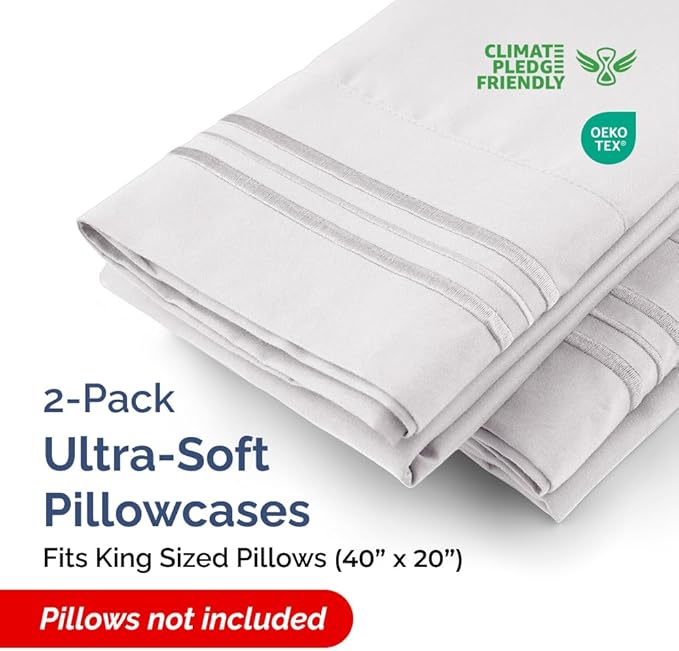 King Pillow Cases Set of 2 - Ultra Soft Hotel Quality Pillowcase Covers - Comfy, Cozy & Wrinkle Free - Shrink, Stain & Fade Resistant - Machine Washable Pillow Protectors - 2 Piece Set - French Grey