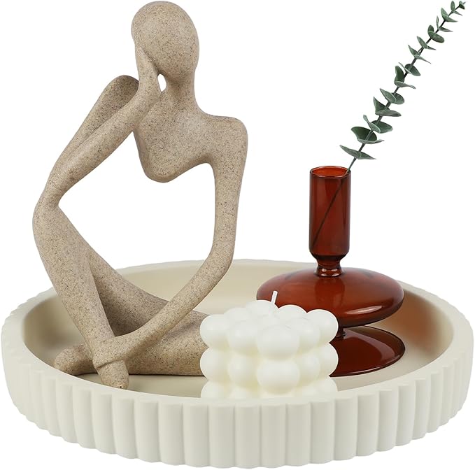 Round Decorative Tray for Coffee Table Decor-Modern Home Decor Tray-Concrete Coffee Table Serving Tray-Centerpiece Table Tray-Ottoman,Vanity, Bathroom, Kitchen,Dresser (White)