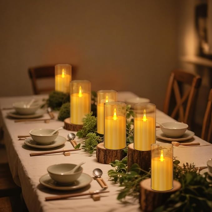 Amber Flameless Candles with Remote and Timer, 2 Pcs(D3 xH6) Flickering Battery Operated Acrylic LED Pillar Candles, Electric Fake Candles for Holiday Wedding Home Party Fireplace Décor