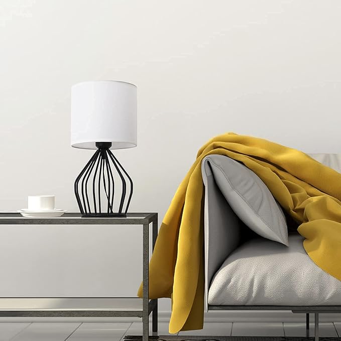 HAITRAL Modern Bedside Table Lamp - Minimalist Small Lamp with Hollowed Out Base Linen Fabric Shade,Metal Nightstand Lamp for Bedroom Living Room Side Table Desk Kids Room- Black/White