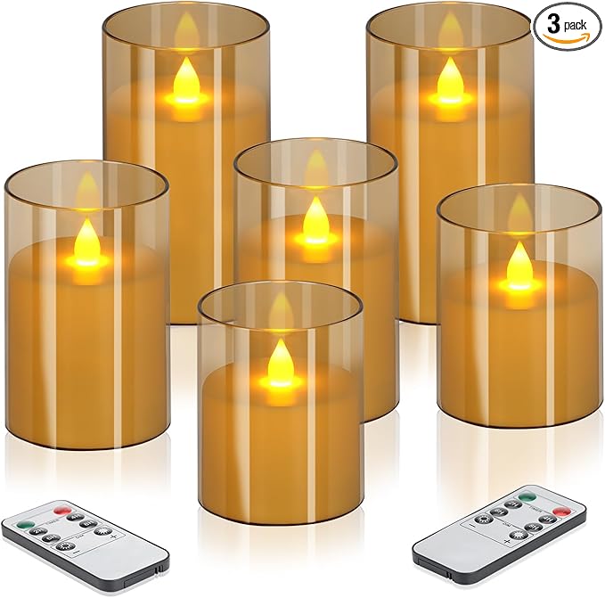 Flameless Candles 4" 5" 6" Acrylic Glass Pillars 3" Diameter Battery Operated Flickering Candles Include Remote with 24Hour Timer Function 400+ Hours by 2 AA Batteries (Amber, Warm Light 6 Pack)