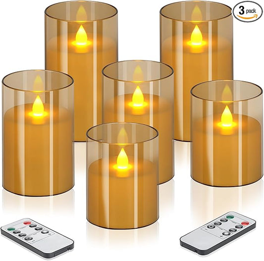 Flameless Candles 4" 5" 6" Acrylic Glass Pillars 3" Diameter Battery Operated Flickering Candles Include Remote with 24Hour Timer Function 400+ Hours by 2 AA Batteries (Amber, Warm Light 6 Pack)
