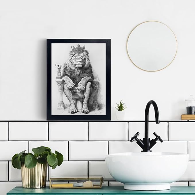 Minimalist Bathroom Wall Decor, Lion with Goreous Crown Wall Art, Majesty, Fun Bathroom Animal Art, Black and White Canvas Prints can be Hung Directly - Frame, 11 "x 14"