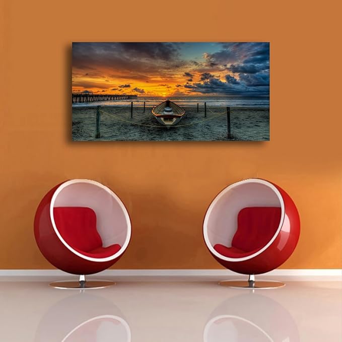 Beach Themed Wall Art Canvas Prints Seascape Poster Bathroom Décor Boat Ocean Sunset Landscape Paintings for Bedroom Dining Room Home Kitchen Decorations Natural Artwork 28x57 Picture Wooden Frames