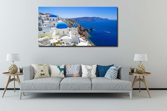 OKEXCKK Large Canvas Print Wall Art Santorini in Greece Painting Wall Decor, Blue Coastal Landscape Artwork Seascape Pictures for Living Room, Bedroom, Office Decoration - 20"x40"