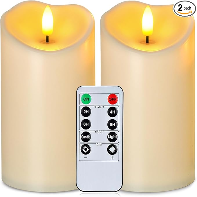 Homemory 6”x3” Outdoor Waterproof Flameless Candles, LED Candles, Battery Operated Candles with Remote and Timers, Electric Fake Plastic Pillar Candles,Dark Ivory, Set of 2