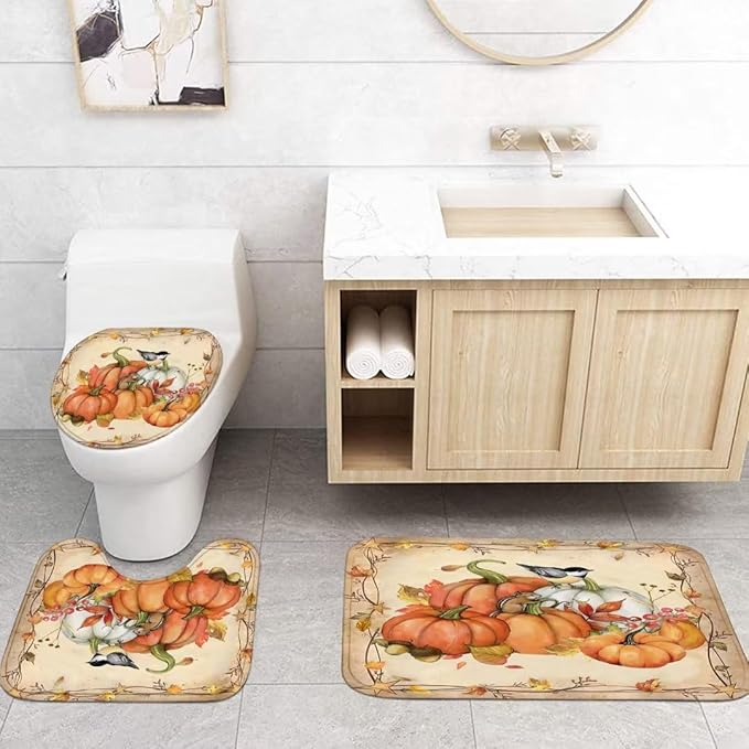 FZDHHY 4Pcs Pumpkin Shower Curtain Set Fall Bathroom Set Thanksgiving Bathroom Decor Set Autumn Shower Curtain Set with Rugs with 12 Hooks 72x72 inch