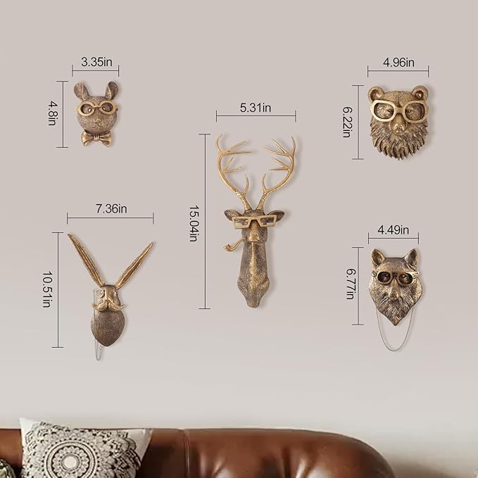 UITWMKTG 5 Pack Animal Head Wall Decor Gold Wall Sculpture Home Decor for Office Bedroom Modern Decor for Men Women