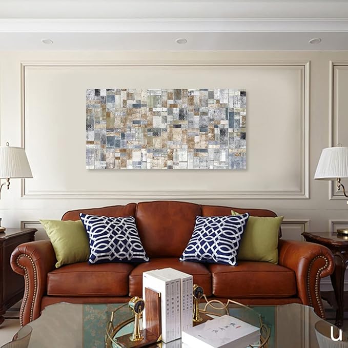Large Abstract Canvas Wall Art for Living Room Wall Decor Geometric Patterns Canvas Prints Artwork Brown Grey Indigo Rectangle Canvas Pictures Home Office Wall Decorations Ready to Hang 24" X 48"