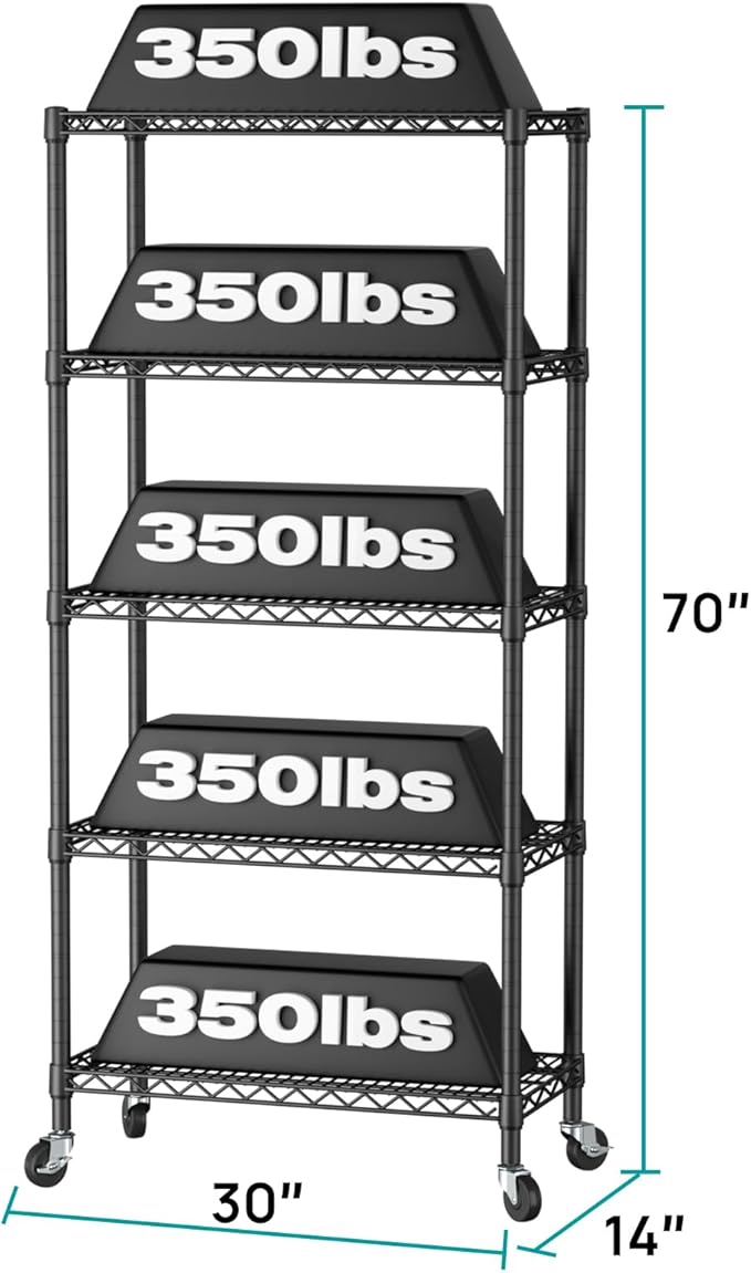 SINGAYE 5 Shelf Adjustable Heavy Duty Storage Shelving Unit with Wheels Steel Organizer Wire Rack Shelves Bathroom Organizers and Shelf Wire Closet Metal Pantry Kitchen Garage 14" DX30 WX70 H Black